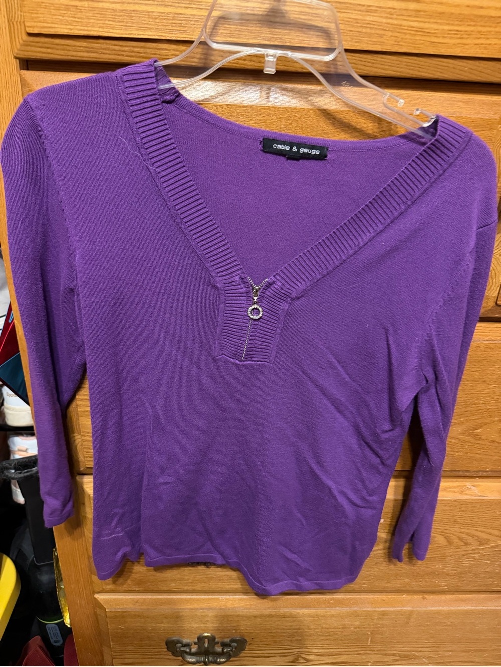 Cable & Gauge Purple V-Neck Long Sleeve Top with Zip Ring